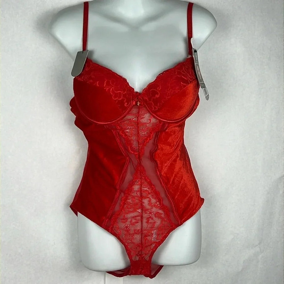 Daisy Fuentes Velvet Molded Cup Lace Push Up Teddy Bodysuit Snap Crotch NWT Sz L - Picture 3 of 16